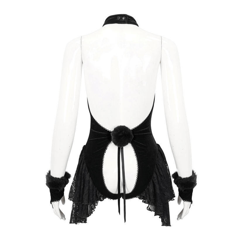 Back view of a sexy women's black lace bodysuit with velvet halterneck and elegant oversleeves.