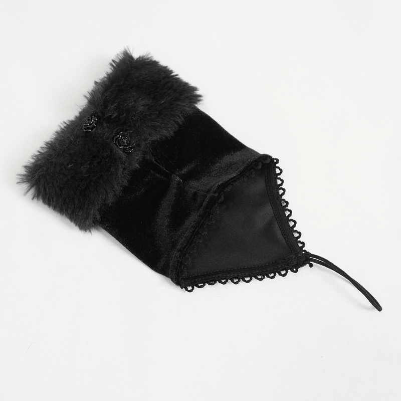 Elegant black velvet oversleeve with lace trim and fur detail, perfect for a gothic-inspired lingerie look.