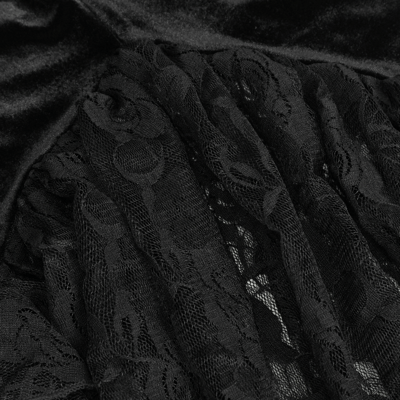 Close-up of a sexy black lace bodysuit showing intricate lace details and luxurious velvet fabric.