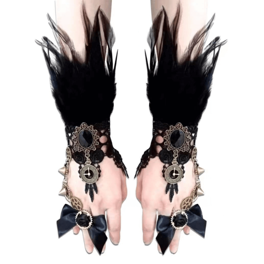 Sexy Women's Feather Gloves with Cute Bows / Black Adjustable Gloves with Brooch