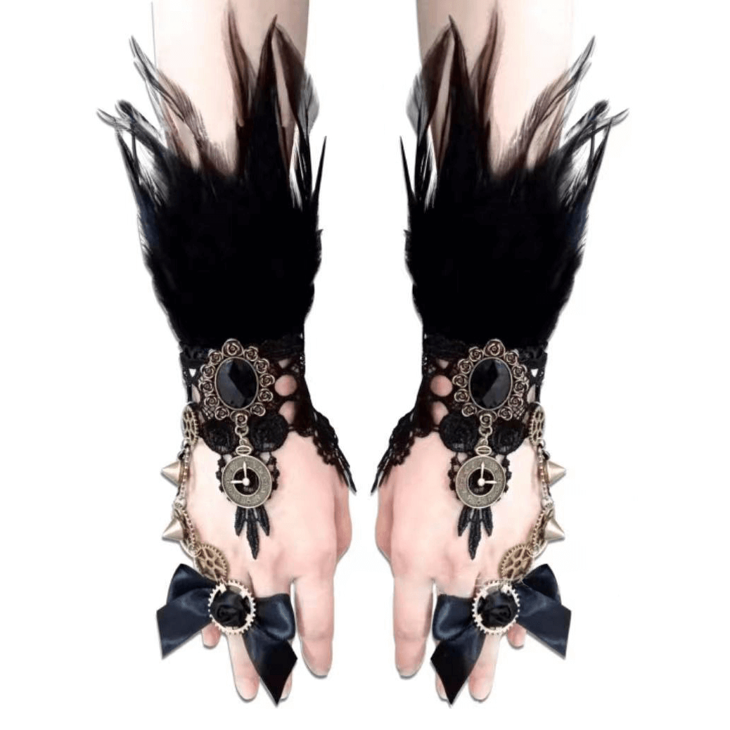 Gothic women's black feather gloves with cute bows and brooches, elegant accessory for a stylish wardrobe.