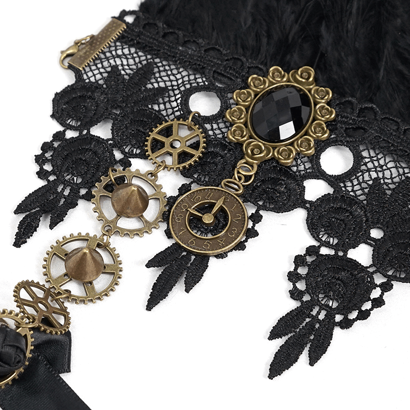 Close-up of black women's feather gloves featuring intricate lace, gears, and a decorative brooch in gothic style.