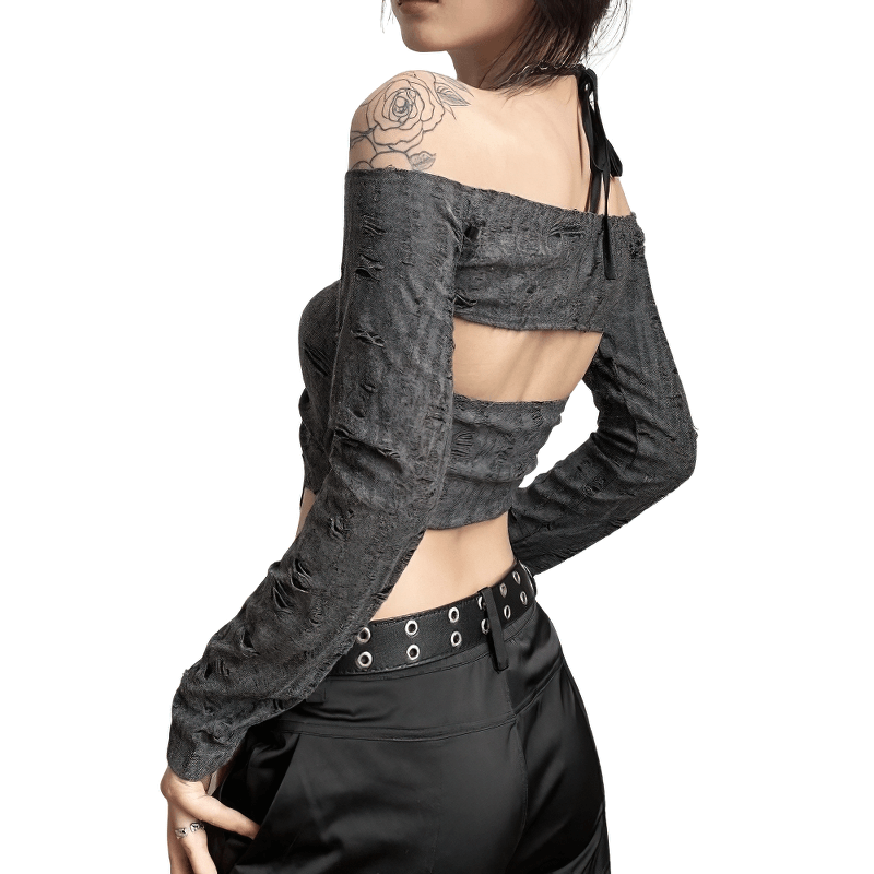 Sexy women's gray long sleeve top with trendy open shoulders and stylish design, perfect for casual outings.