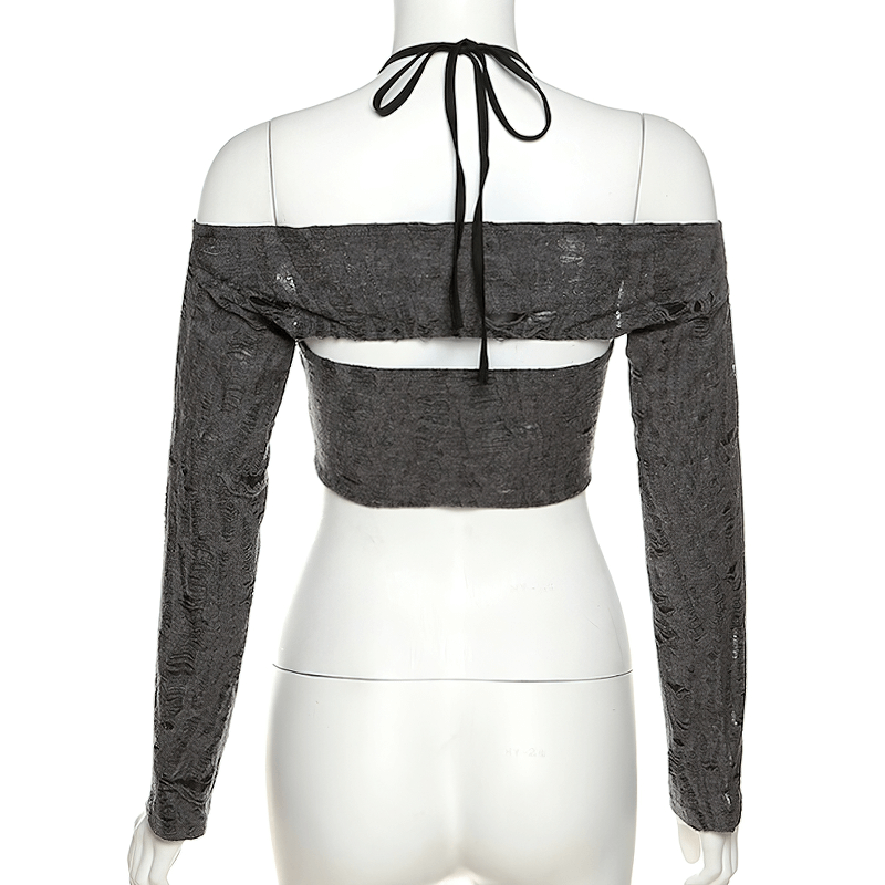 Back view of sexy women's gray long sleeve open shoulder crop top with tied neckline, perfect for casual style.