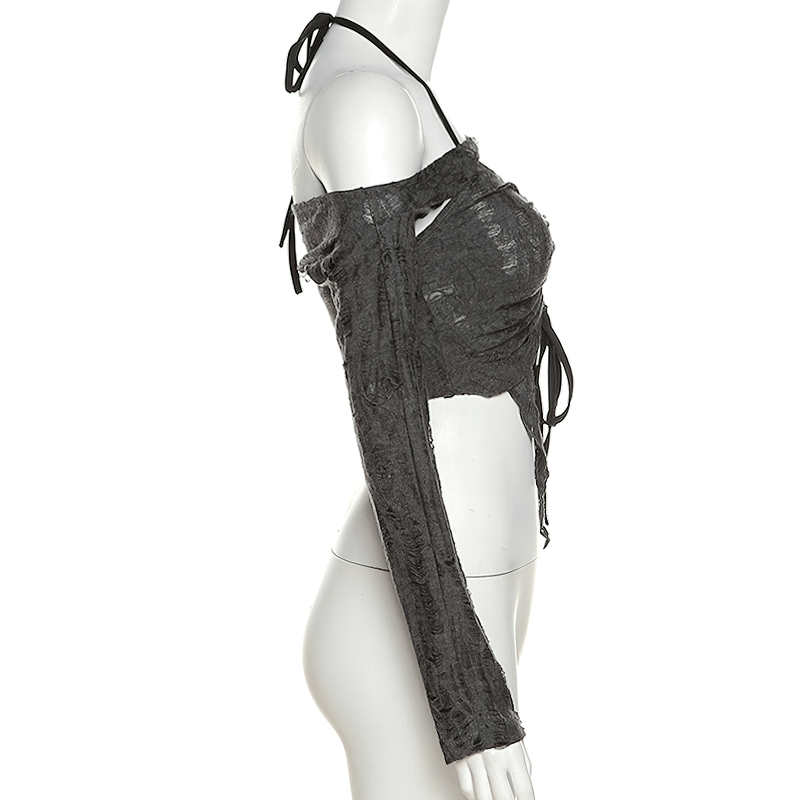 Sexy women's long sleeve gray top with open shoulders, perfect for casual outings and stylish wardrobes.