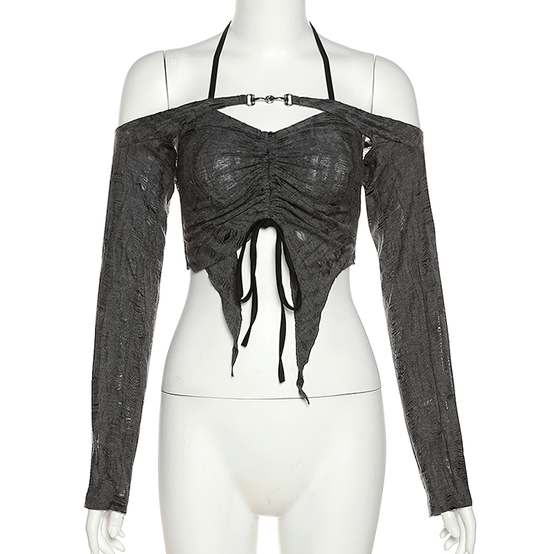 Stylish women's long sleeve gray crop top with open shoulders and ruched design, perfect for casual wear.