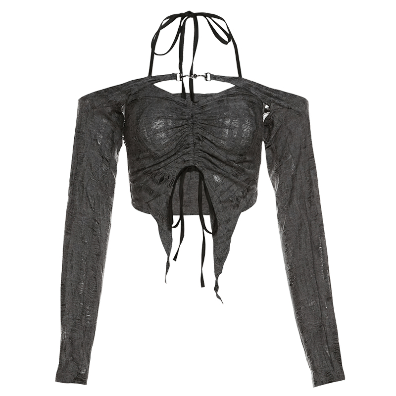 Stylish women's long sleeve gray crop top with open shoulders and ruched design, perfect for casual wear.