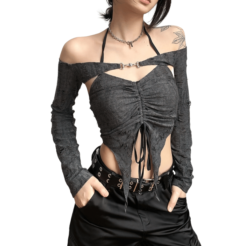 Sexy gray long sleeve open shoulder crop top for women, combining style and casual elegance.