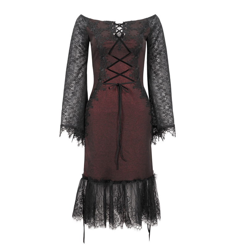 Gothic wine red off-shoulder lace dress with intricate detailing and edgy splice design.