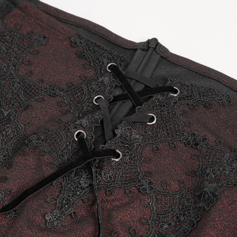 Close-up of gothic wine red lace detailing with black splices and lacing design on a women's off-shoulder dress.