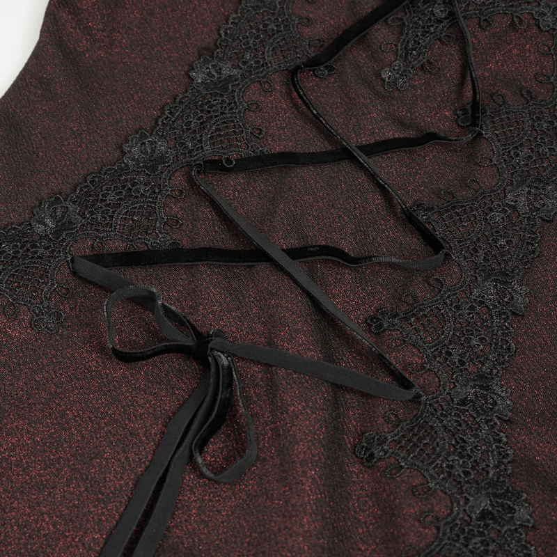 Close-up of gothic wine red lace dress showcasing intricate lace detailing and edgy splice design.