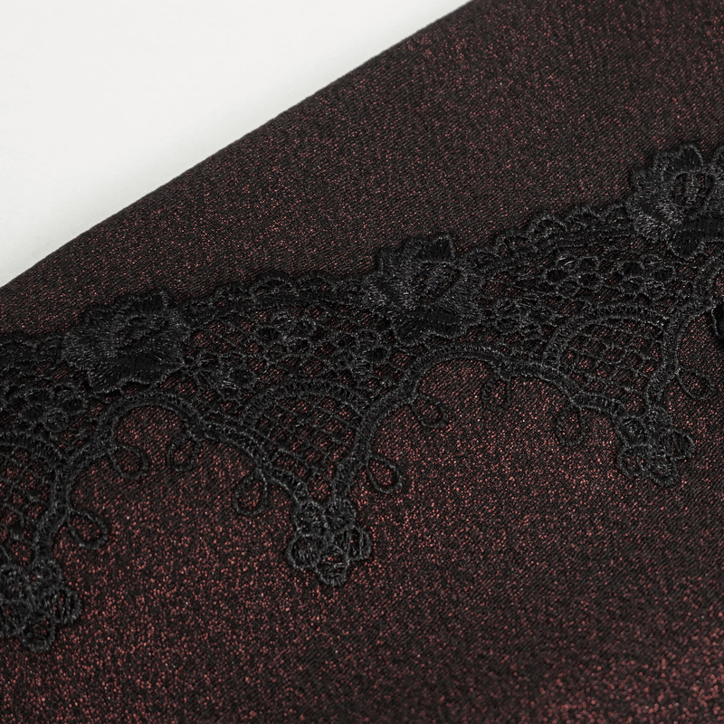 Close-up of gothic wine red fabric with intricate black lace detailing, perfect for stylish off-shoulder dresses.