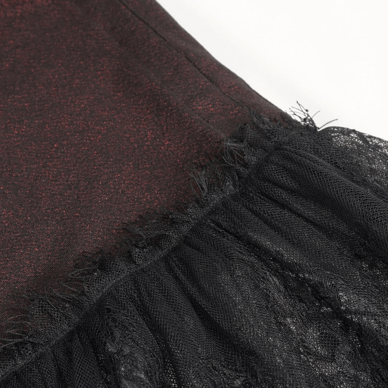 Close-up of gothic wine red off-shoulder lace dress showcasing intricate lace detailing and fringe design.