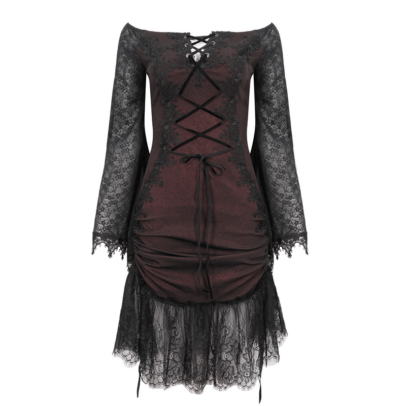Gothic wine red off-shoulder lace dress with edgy splice design and intricate lace detailing.