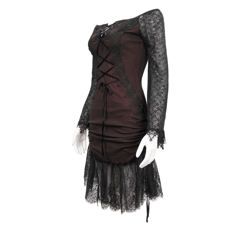 Sexy gothic wine red off-shoulder lace dress with intricate detailing and edgy splice design.