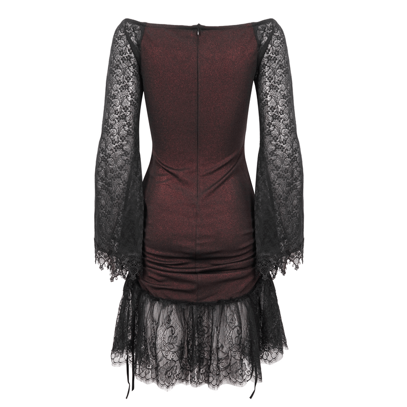 Back view of a sexy women's off-shoulder lace dress in gothic wine red with lace sleeves and intricate detailing.