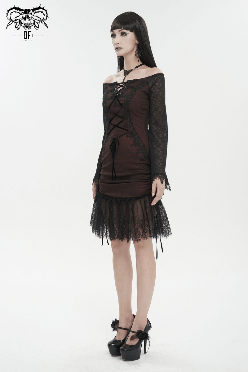 Gothic wine red off-shoulder lace dress featuring splice design and intricate lace detailing, perfect for bold fashion statements.