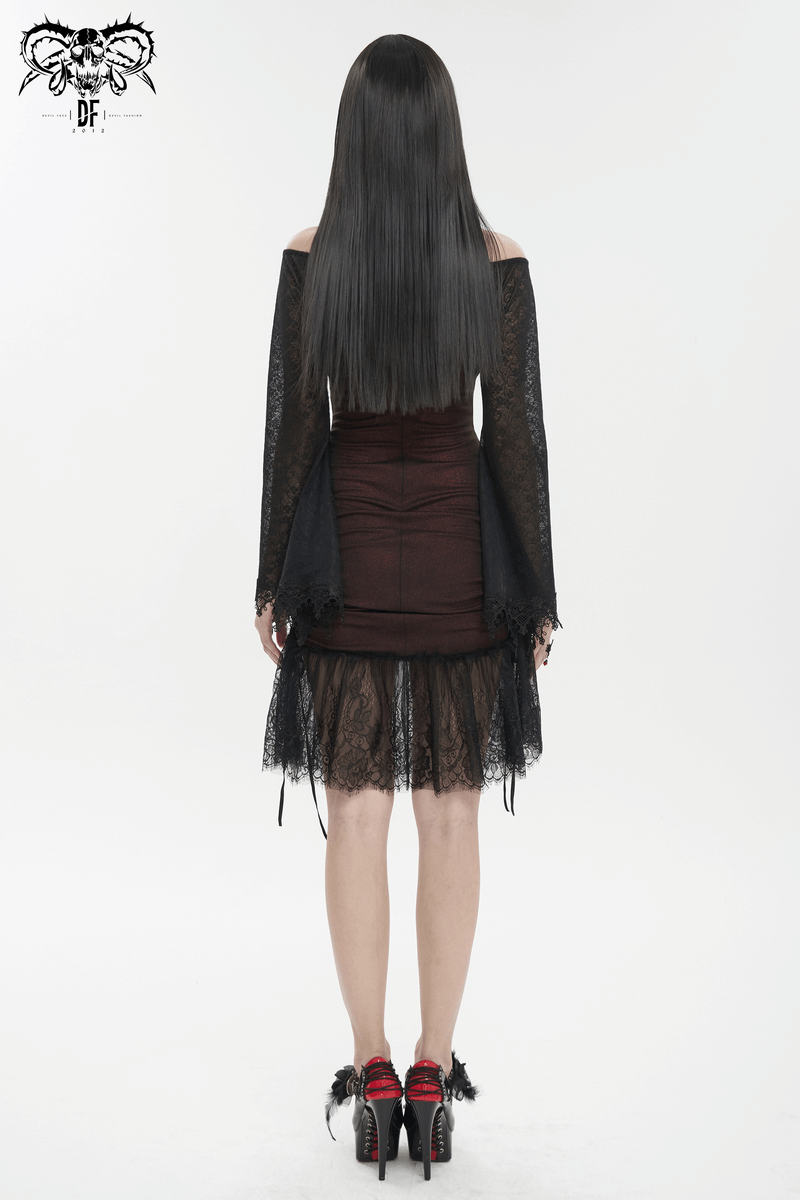 Back view of a gothic wine red off-shoulder lace dress, showcasing elegant lace detailing and a sultry silhouette.