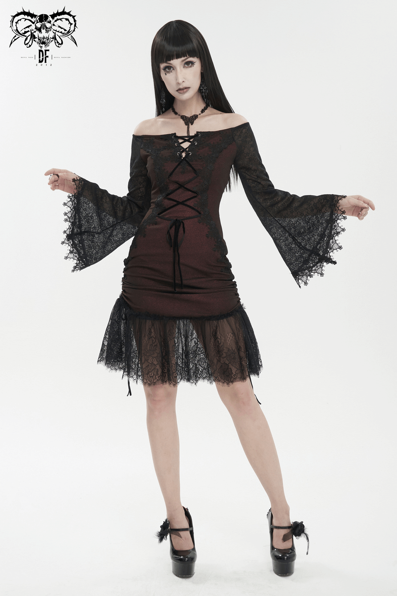 Sexy Women's Off Shoulder Lace Dress / Gothic Wine Red Splice Dresses