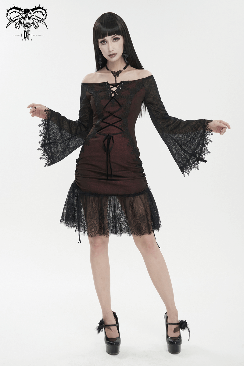 Gothic wine red off-shoulder lace dress on model, showcasing edgy splice design and intricate lace details.