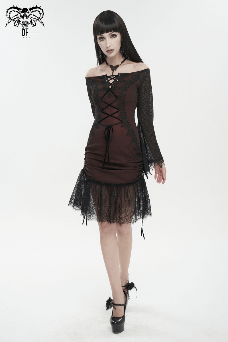 Gothic wine red off-shoulder lace dress with edgy splice design for women's fashion.