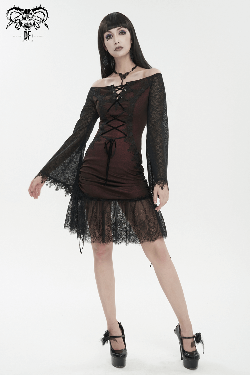 Sexy Women's Off Shoulder Lace Dress / Gothic Wine Red Splice Dresses