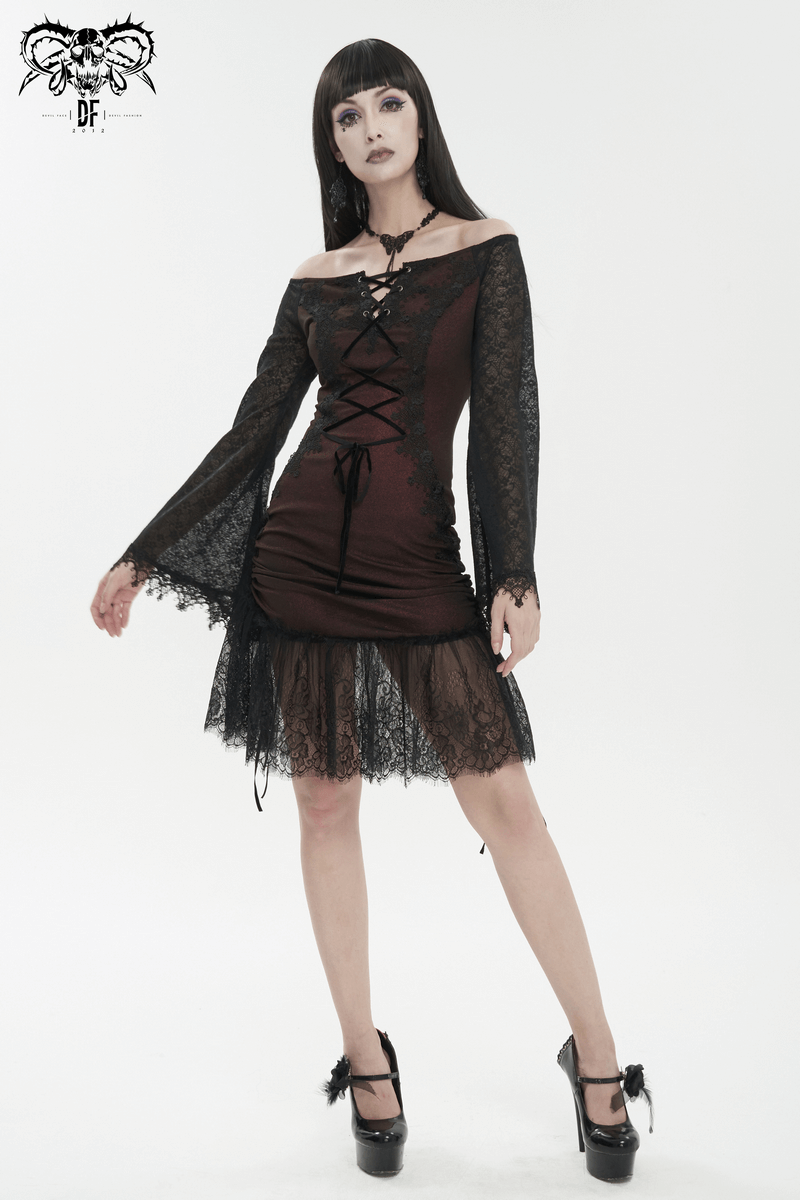 Gothic wine red off-shoulder lace dress with edgy splice design for women, perfect for bold fashion statements.