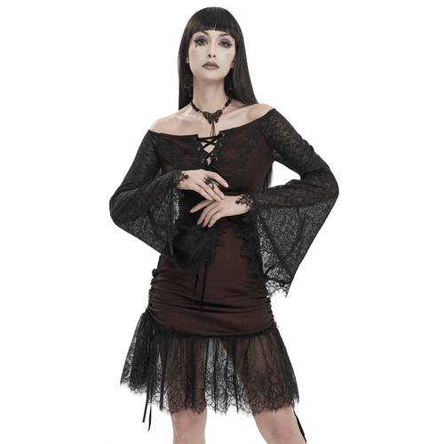 Robe en dentelle à épaules dénudées pour femmes sexy / robes d'épissure rouge vin gothique