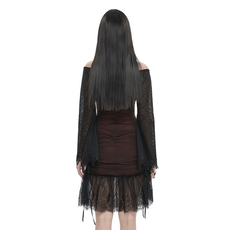 Back view of gothic wine red off-shoulder lace dress with edgy splice design, perfect for a bold fashion statement.