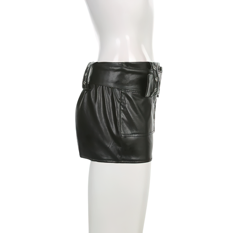 Sexy Women's PU Leather Micro Skirt in Grunge Style / Fashion Big Belted Low Waist Black Skirt