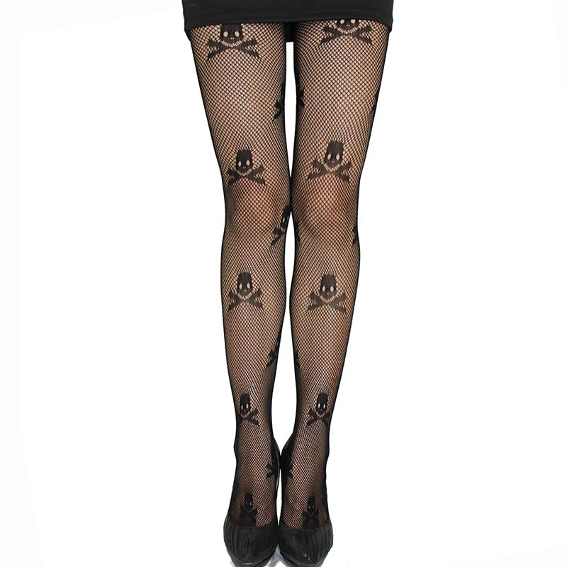 Mesh stockings with skull print highlighting legs, perfect for gothic fashion and punk style outfits.
