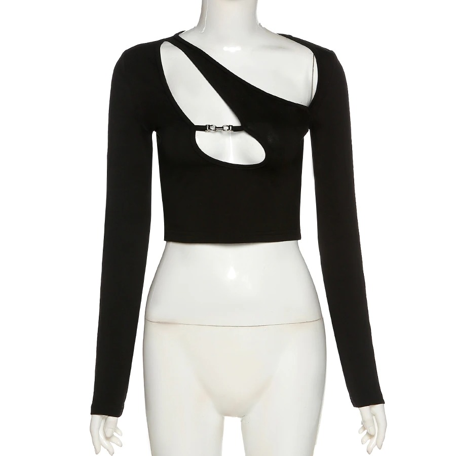 Black gothic crop top with skew collar and cut-out details for a trendy, edgy look.