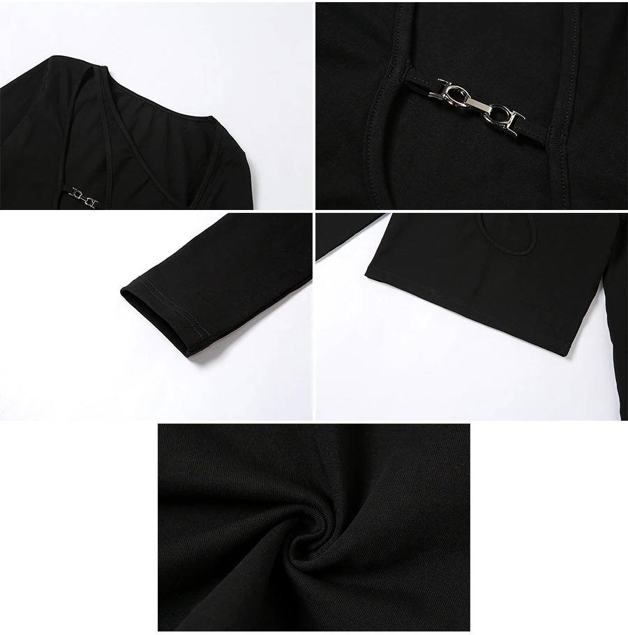 Close-up details of black gothic crop top with skew collar, highlighting unique design and fabric texture.