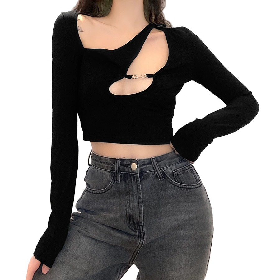 Black gothic crop top with skew collar and hollow-out detail, perfect for a stylish and edgy fashion look.