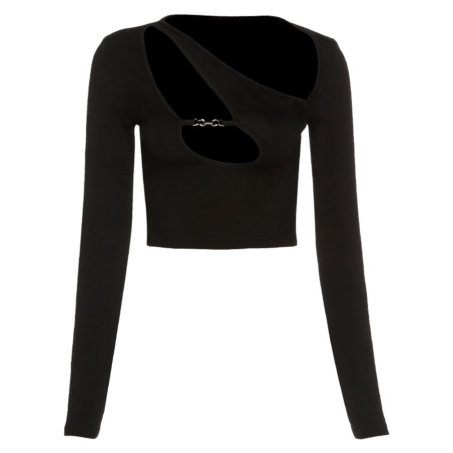Sexy black long sleeve crop top with a skew collar and hollow-out design, perfect for a gothic fashion statement.