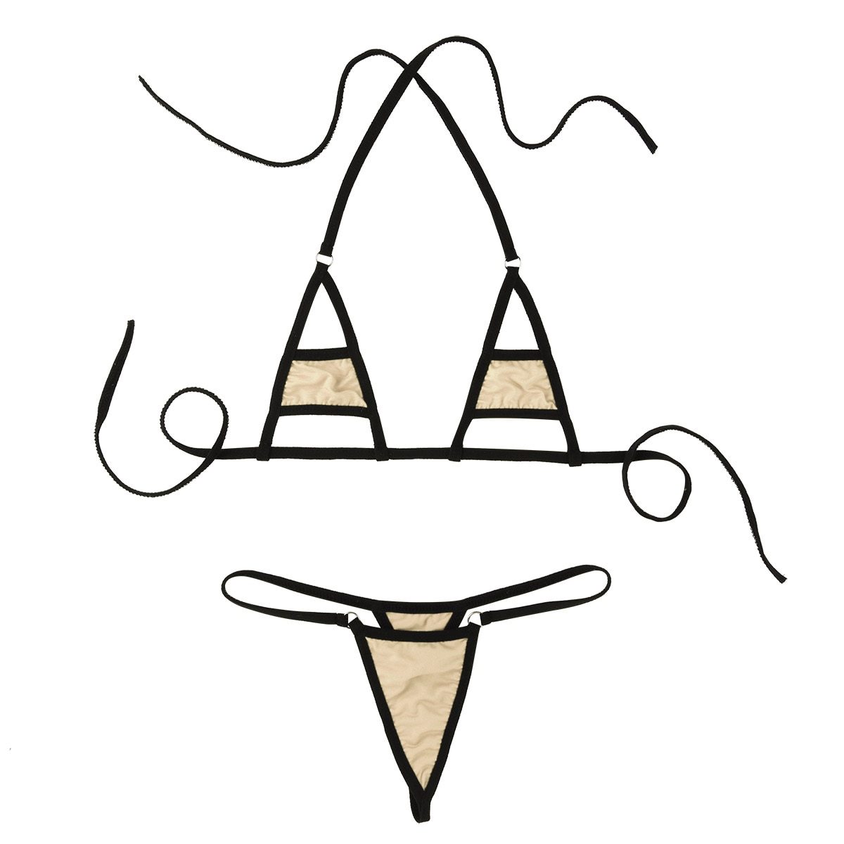 Sleek black and nude micro bikini lingerie set with adjustable straps, featuring a half-cup bra top and matching briefs.