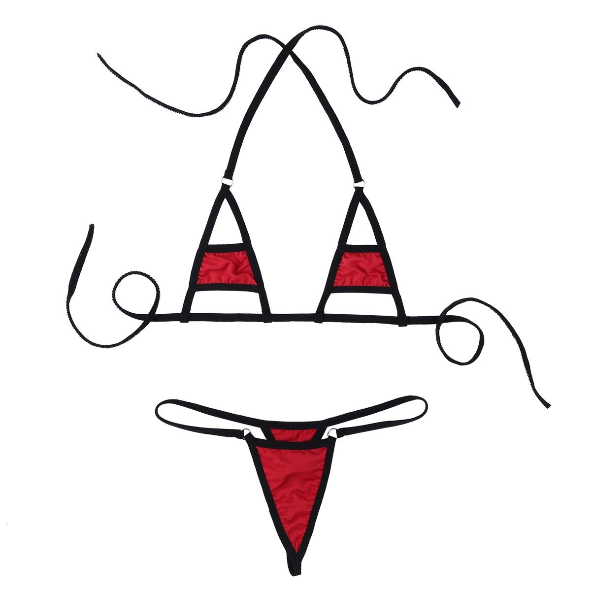 Sexy red micro bikini set featuring a half-cup bra top and matching thong, made of soft nylon and spandex.