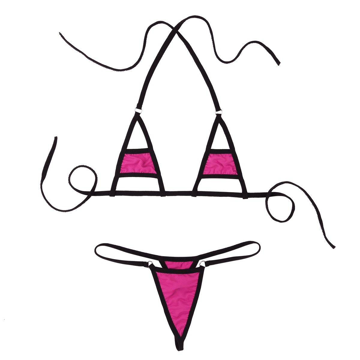 Seductive micro bikini bra top and matching briefs in pink and black, perfect for comfy, sexy lingerie looks.