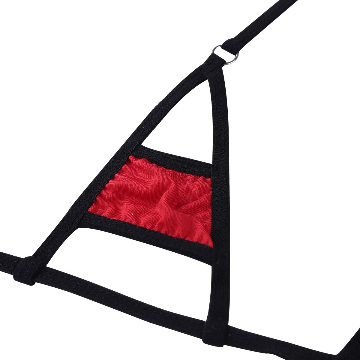 Close-up of sexy micro bikini bra top in black with red lining, featuring adjustable straps and wire-free support.