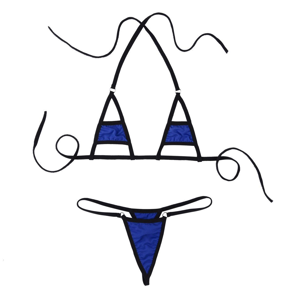 Sexy blue micro bikini lingerie set with adjustable straps, featuring a half-cup bra top and matching briefs.