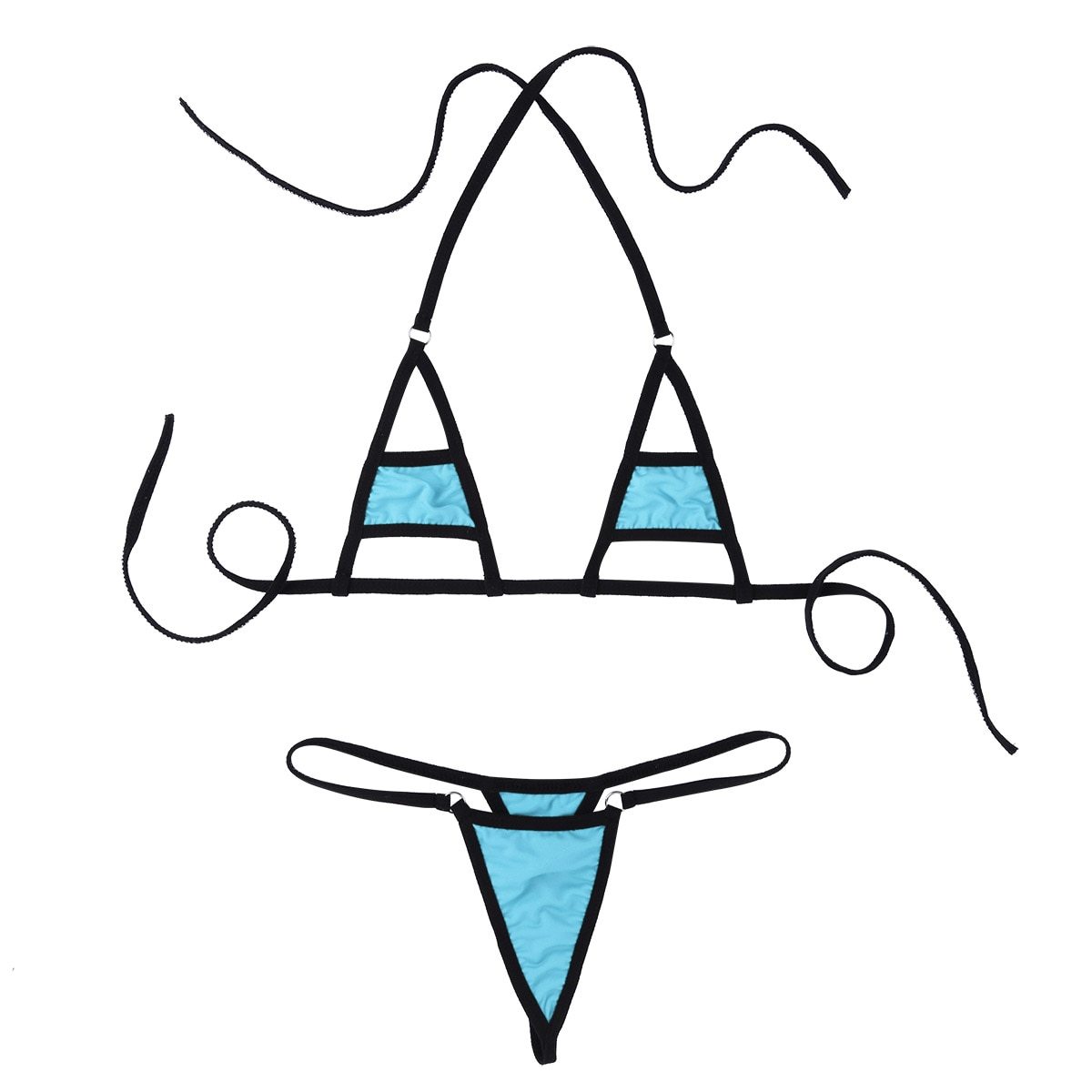 Blue and black micro bikini lingerie set with adjustable straps and minimal coverage, perfect for a sexy look.