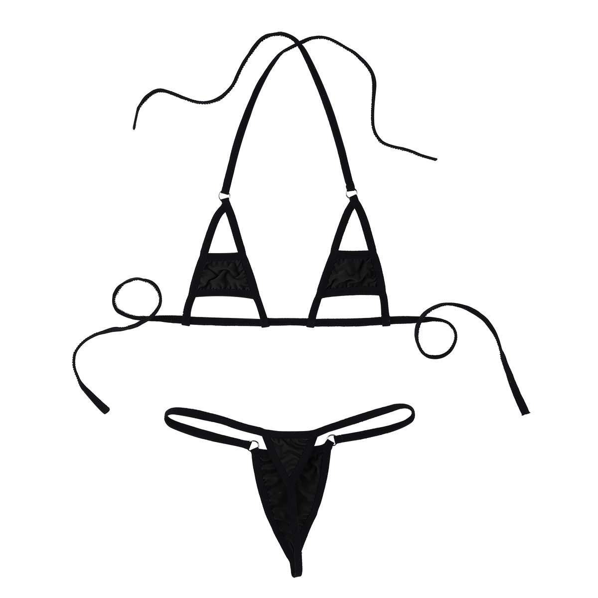 Sexy black micro bikini set with adjustable straps, featuring a triangle bra top and matching briefs.