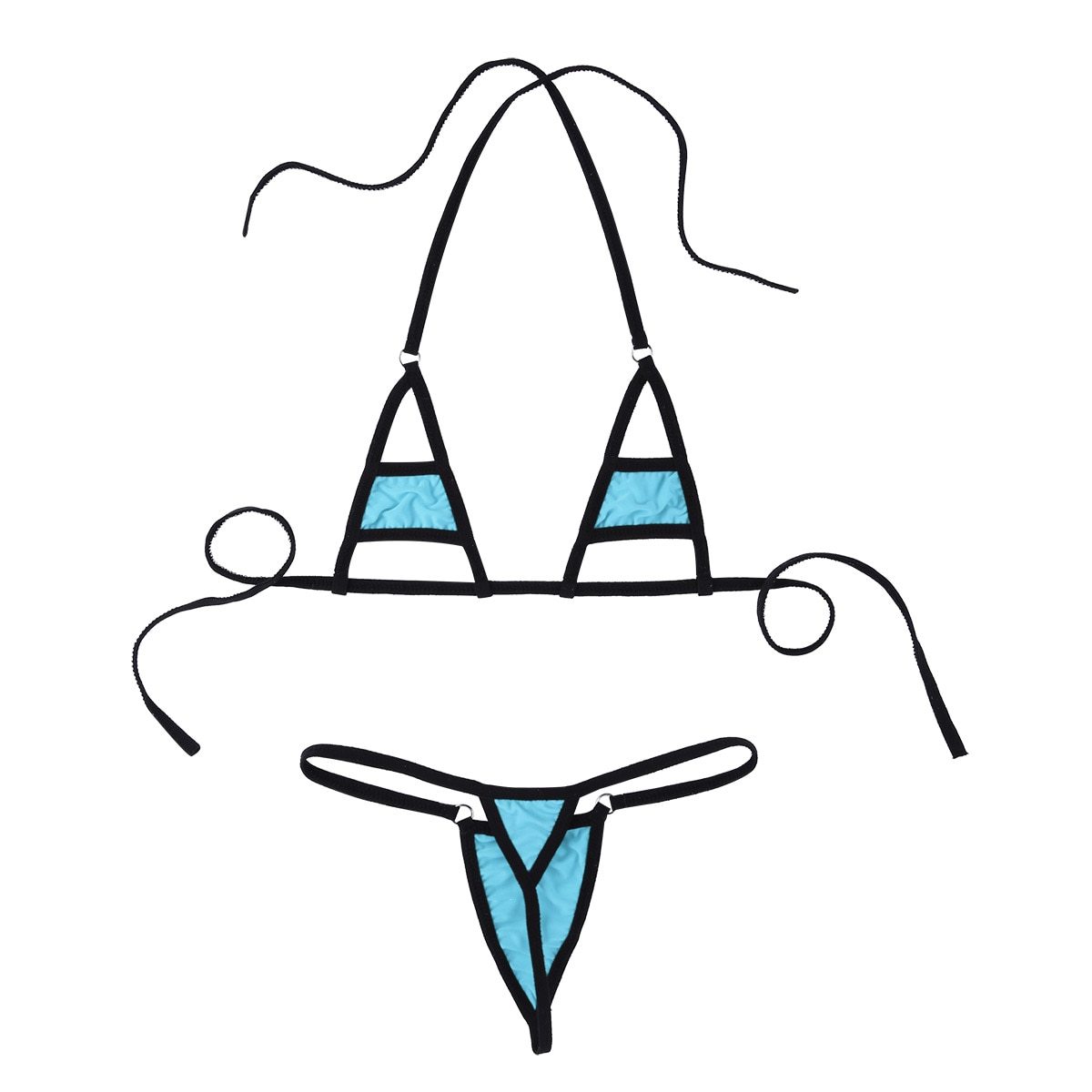 Sexy micro bikini set featuring a black and teal lace bra top with adjustable straps and matching brief bottoms.