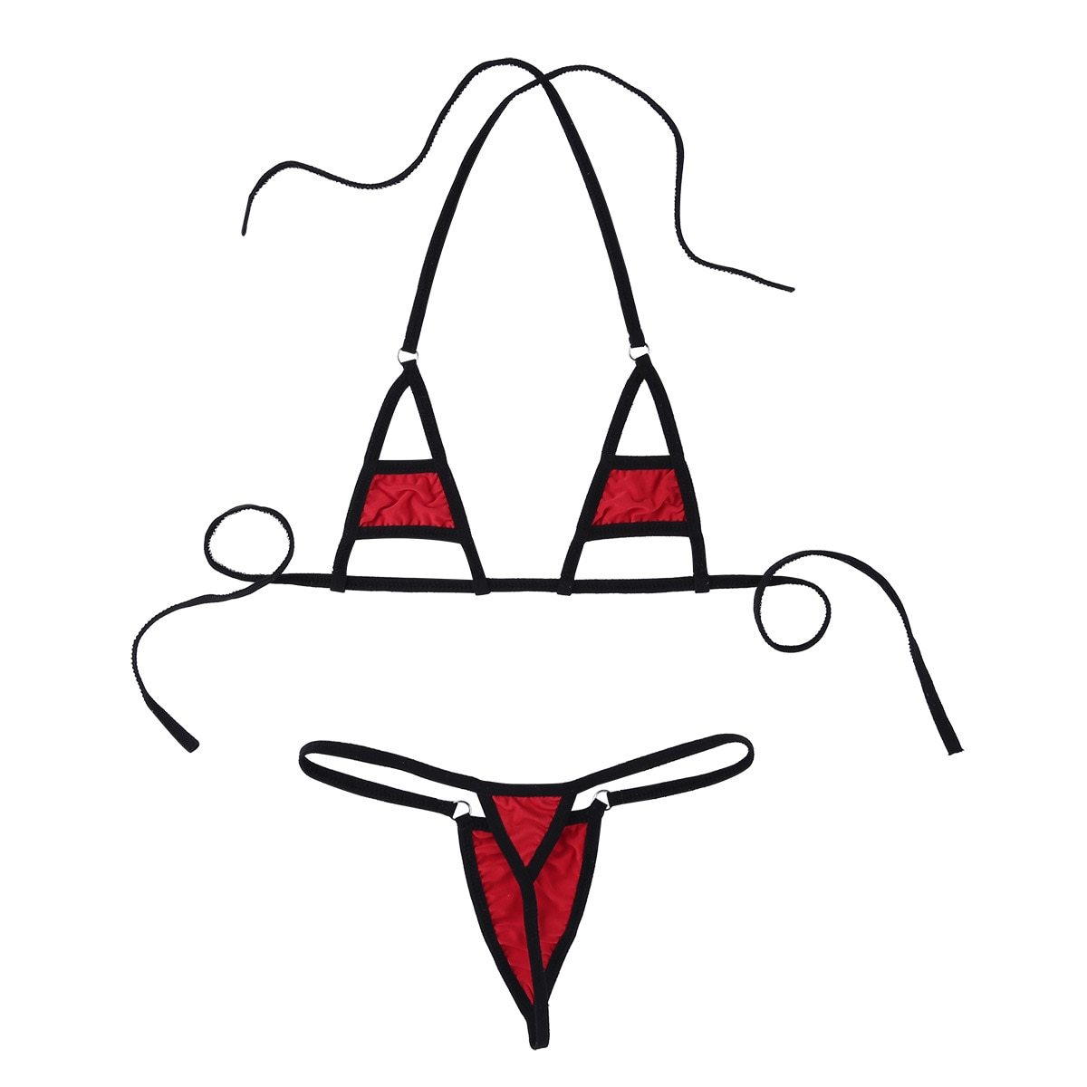 Seductive black and red micro bikini set with triangle bra top and thong briefs for a flirty touch.
