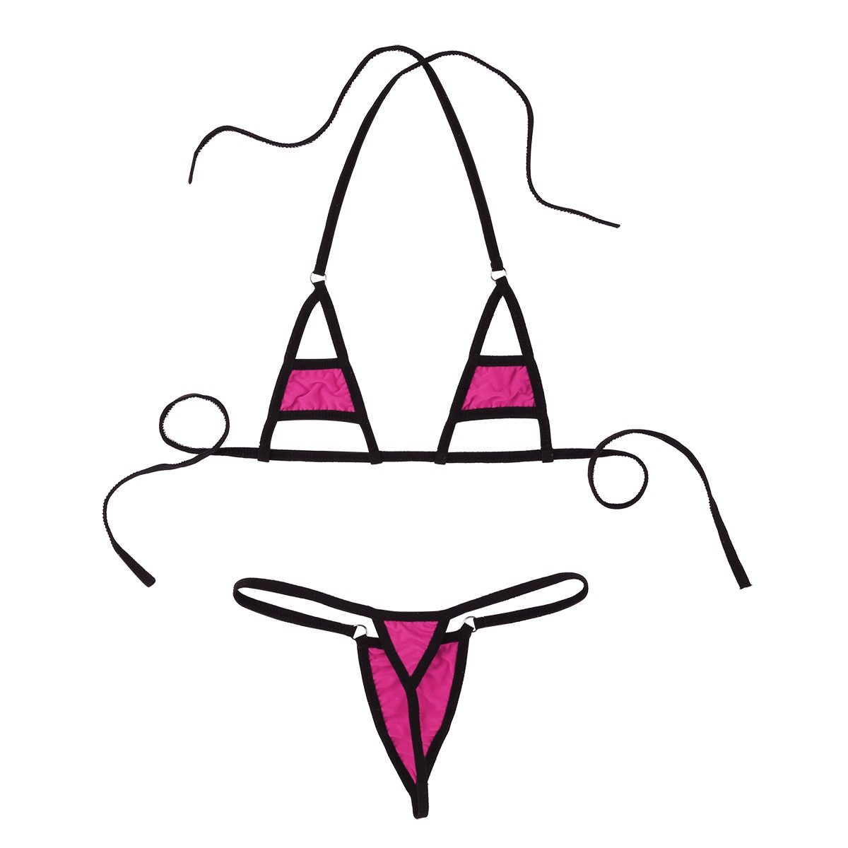 Sexy micro bikini set with triangle bra top and matching briefs, black and pink design, comfortable and adjustable.