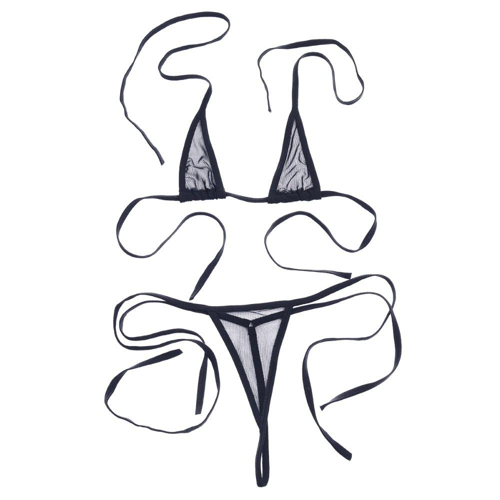 Sexy mesh see-through bikini set with thin ties, perfect for lingerie nights or self-pleasure.