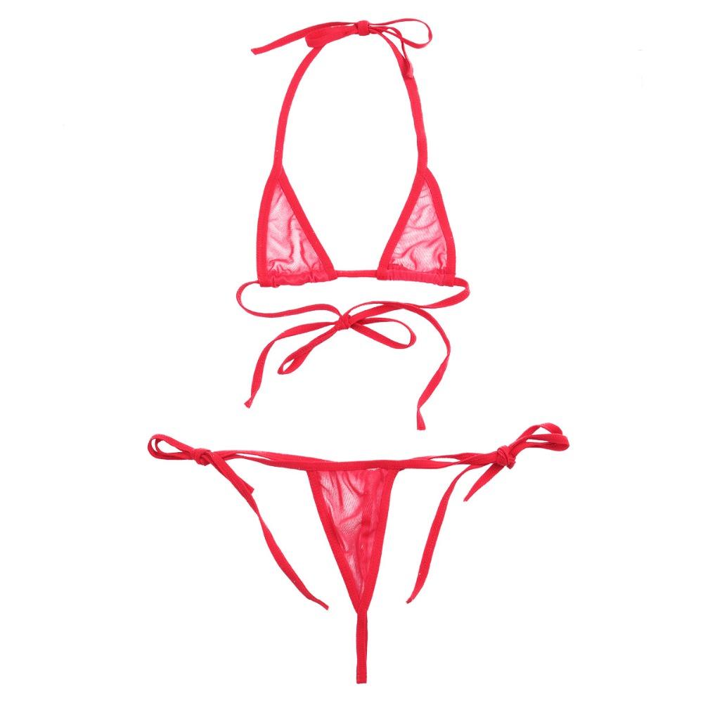 Sexy red mesh see-through halter bikini top with tie side thong, perfect for lingerie nights and beach fun.