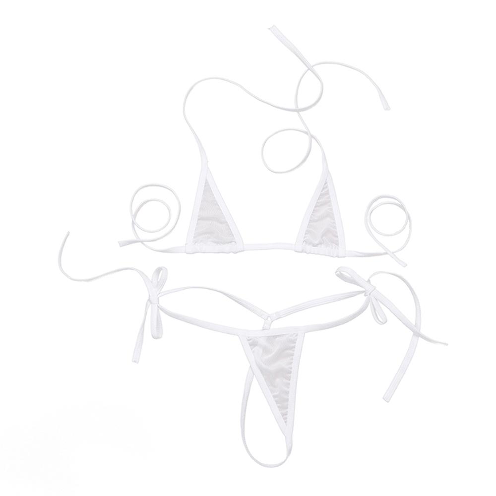 White mesh see-through halter bikini top and thong set, adjustable ties, perfect for sexy lingerie night.