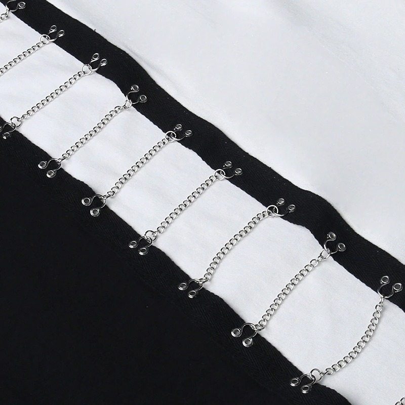 Sexy Women's Black and White Loose T-Shirt / Alternative Style Short Sleeve Chain T-shirt - HARD'N'HEAVY
