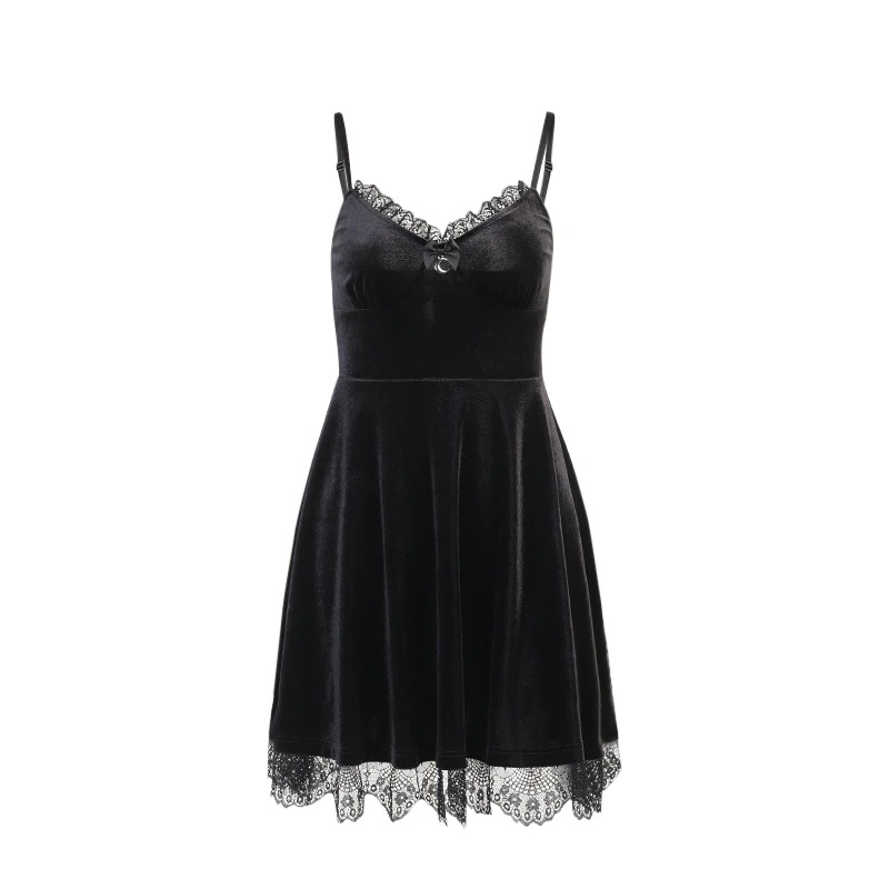 Sexy Women's Black Lace Satin Dress / Gothic Strap A-Line Sundress with Bow Decorated - HARD'N'HEAVY